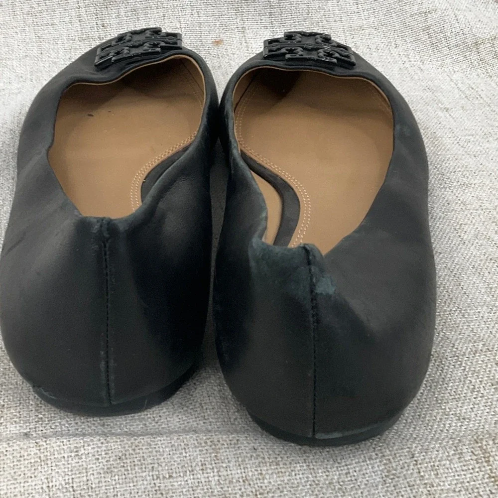Tory Burch Claire Ballet Flats Women 9 Black Leather Enamel Logo Classic Luxury